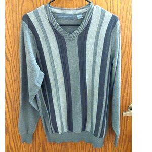 Oscar de la Renta Men’s Medium Gray Striped V-Neck Cotton Blend Sweater
